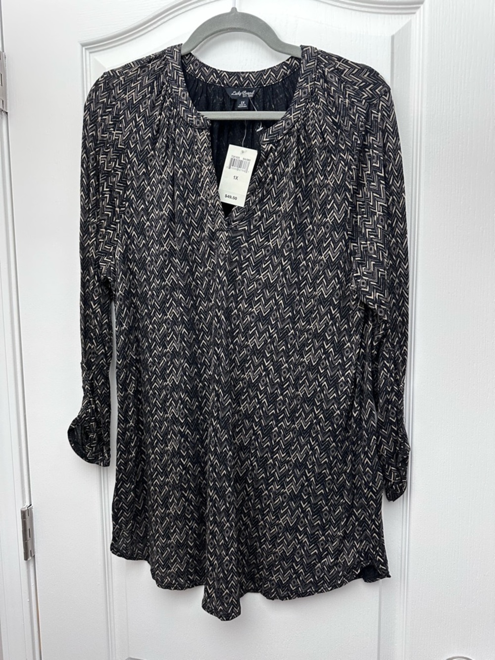 Lucky Brand Black and Cream Zigzag V-Neck Tunic